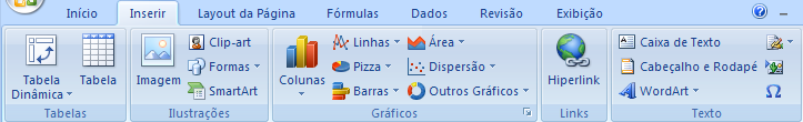 Guia inserir Inserir Tabela Dinâmica Cabeçalho e Rodapé Tabela Inserir Imagem do Arquivo Caixa de Texto Inserir Hiperlink Linha