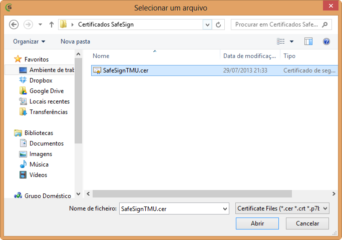 3 Menu Token 75 Figura 111: Importar Certificado: Nome do ficheiro Especifique onde o certificado está armazenado.