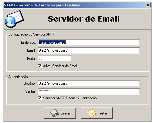 Opção que permite a configuração do serviço de envio de e-mails.