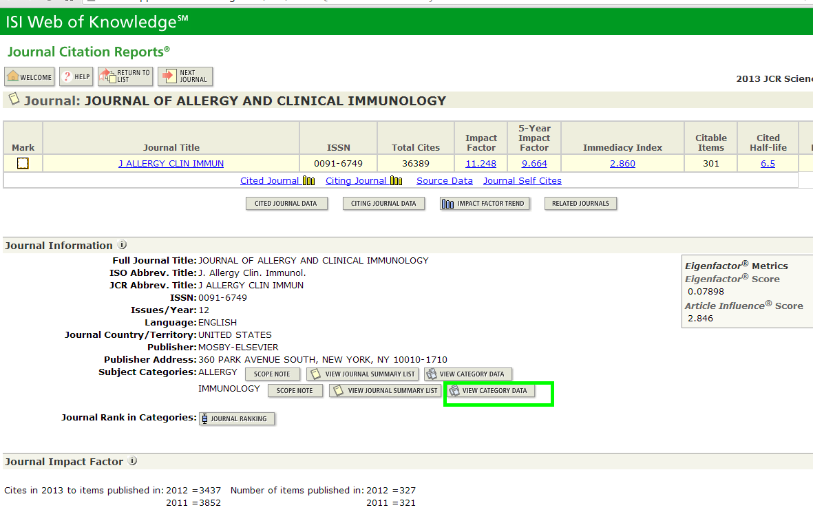 Para uma melhor análise do fator impacto da J Allergy clin immun você poderá também ver o fator impacto Médio e o Agregado para a categoria Allergy.