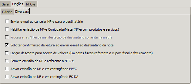 Exibir a forma de pagamento de venda na emissão do DANFE: exibirá a forma de pagamento da venda na emissão do DANFe; Habilitar quebra de linhas nos produtos/serviços do DANFE: permitirá habilitar a