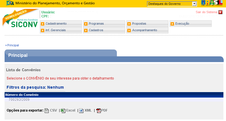 O sistema apresenta o número do convênio.