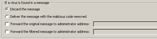 Na secção seguinte, especifique o procedimento para uma mensagem infectada ou filtrada: Se for detectado um vírus numa mensagem Este quadro especifica a acção a executar quando é detectado um vírus