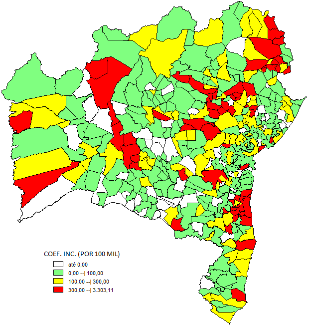 Coeficiente de incidência* de casos notificados de dengue por município.