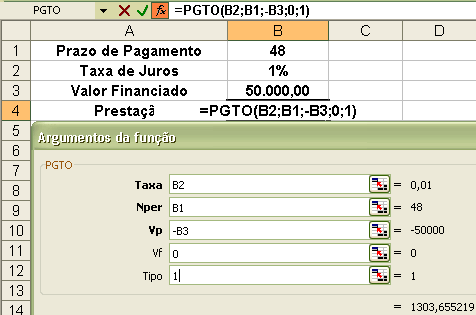 Função PGTO(taxa;nper;vp;vf;tipo) Figura 09 Tela inicial da função PGTO. Para acessar: Inserir / Função / Categoria Financeira / PGTO. Figura 10 Um carro no valor de R$50.