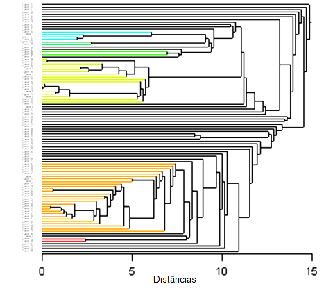 49 Gráfico 3 Dendograma da distância entre sujeitos, com as cores indicando os respectivos subgrupos formados com base no desempenho para a trajetória individual na fase de estabilização.