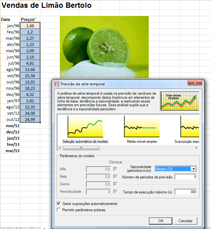 59 Figura 33 Janela para entrada de dados e seleção do modelo A Figura 34 ilustra os resultados gerados usando a ferramenta Previsão. O modelo usado foi aditiva de sazonalidade.