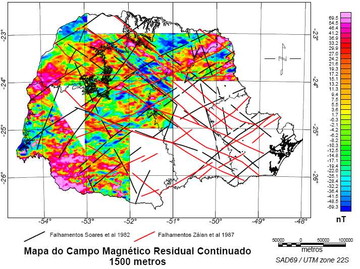 Mapa magnético parcial do Fanerozóico do estado do Paraná Métodos Pré-processamento dos dados aeromagnéticos Os dados originais (.