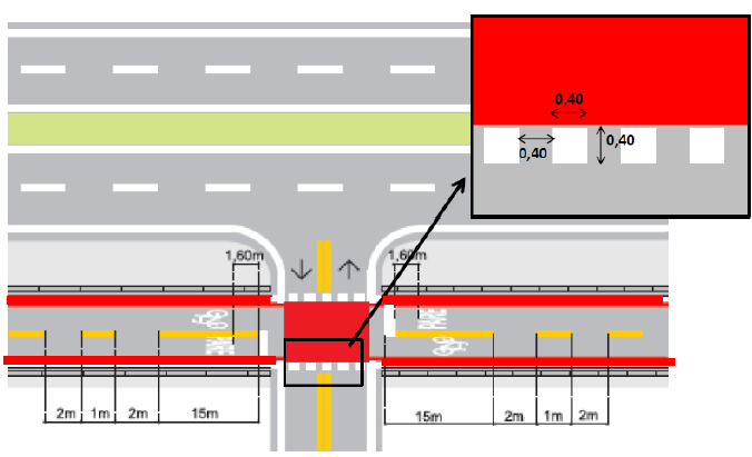 SINALIZAÇÃO HORIZONTAL: No trecho coincidente com o rebaixo do meio fio para acesso à garagem a linha vermelha demarcatória deve ser descontínua, em elastoplástico, com quadrados de 0,10m por 0,10m e