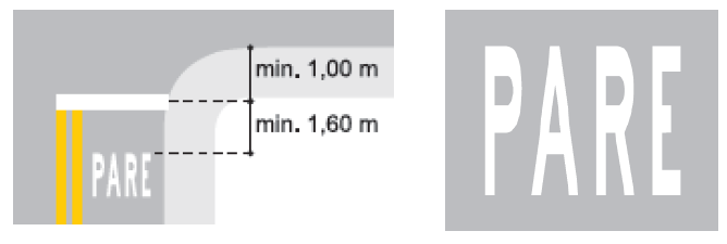 A legenda PARE deve ser posicionada, de modo geral, a 1,60m antes da linha de retenção, centralizada na faixa de circulação em que está inscrita.