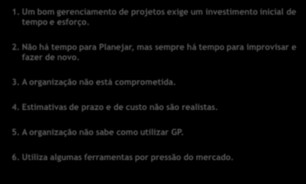 Gerenciamento de Projetos É a sistematização e a organização dos processos de Definição, Planejamento, Execução, Controle e Conclusão de Projetos.