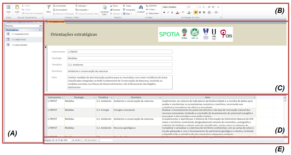 - menu de navegação (A) identifica os ficheiros disponíveis para consulta; - friso superior (B) opções básicas do Microsoft Office para Access; - secção superior (C) Formulário - secção inferior (D)