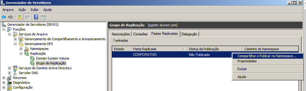 21- Clique com o botão direito na pasta CORPORATIVO e escolha a opção: Compartilhar e Publicar no Namespace.