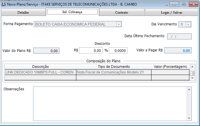 Na aba detalhes preencher tipo de plano como venda nova, mudar o status para Em instalação Projeto e inserir o nome do