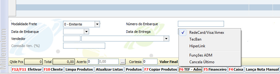 ESC Sair Quando selecionado retornará para a tela Finalizar Operação Comercial, do sistema Millennium. Nesse caso, o sistema TEF poderá ser acionado novamente pela opção Cheque/TEF (F8). 3.2.