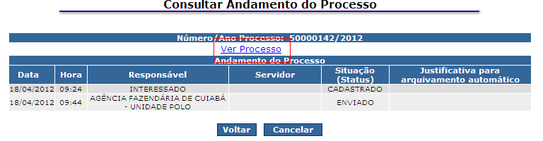 Informe o Número do Processo, o Ano do Processo, o Código de Usuário (fornecido no email de Validação do