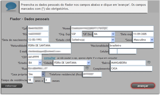 Caso tenha esquecido de preencher algum campo que seja obrigatório *, o