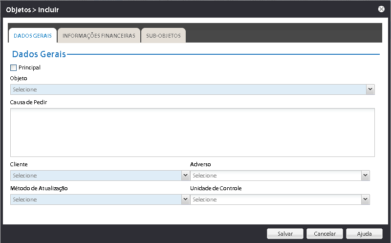 6.3.1. Tela de Listagem O sistema mostra todos os objetos cadastrados para este processo. Objeto: Descrição do Objeto. Valor Pedido: Valor pedido pela parte autora para este objeto.