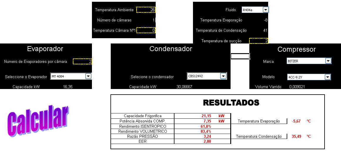 Figura 37 Apresentação do programa com valores reais na instalação Tozé Crispim. Tal como na instalação anterior neste caso também não foi determinado o valor da temperatura de admissão.