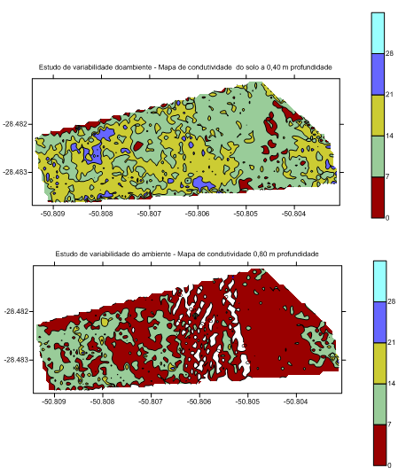 4 Resultados e Discussão O mapeamento da área demonstrou que existe variabilidade no solo, tanto na camada rasa (0-40 cm) quanto na mais profunda (40-80 cm) demonstrando que existem ao menos dois