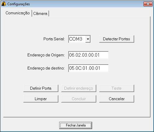 Figura 22 - Janela de Configurações de Comunicação e de Câmera A aba de Comunicação é obrigatória para que o usuário possa ter a sua disposição as demais funcionalidades do software Curumim.