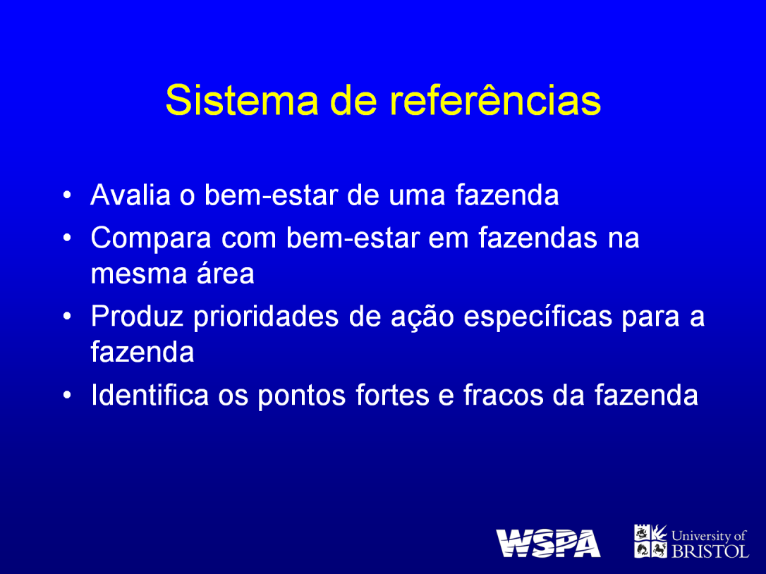 Referência é definida como um padrão ou ponto de referência. Neste caso, a prevalência de vários indicadores do bem-estar em um grupo de animais é comparada com um par ex.