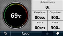 Utilizar as páginas de mapa Visualizar o Computador de viagem O computador de viagem assinala a sua velocidade actual e fornece-lhe dados estatísticos acerca da sua viagem.