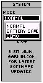 Referência Modo Econômico Quando o etrex está no modo BATTERY SAVE, o receptor GPS é ligado e desligado em instantes alternados para conservar energia. Modo DEMO Para selecionar o modo econômico: 1.