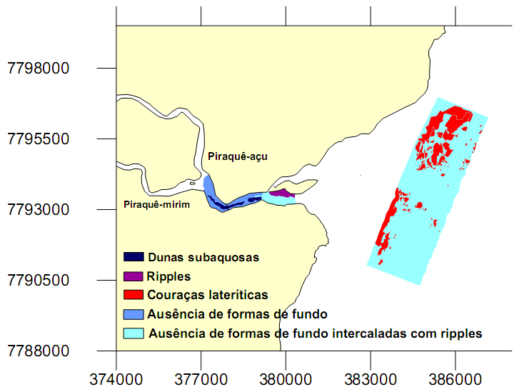 A plataforma interna adjacente ao estuário apresentou profundidades que variam de 5 a 23 metros, sendo um padrão bem difuso composto por relevos positivos, que podem representar material consolidado