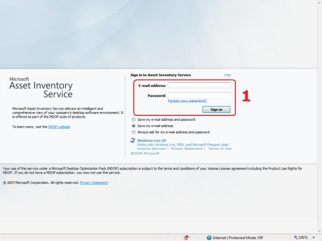 01. Acesse o site do Asset Inventory Service no endereço https://sc.microsoft.com/ e entre com os seus dados de login (seu Windows Live ID). Passo 01 Acesse o site do AIS. 02.