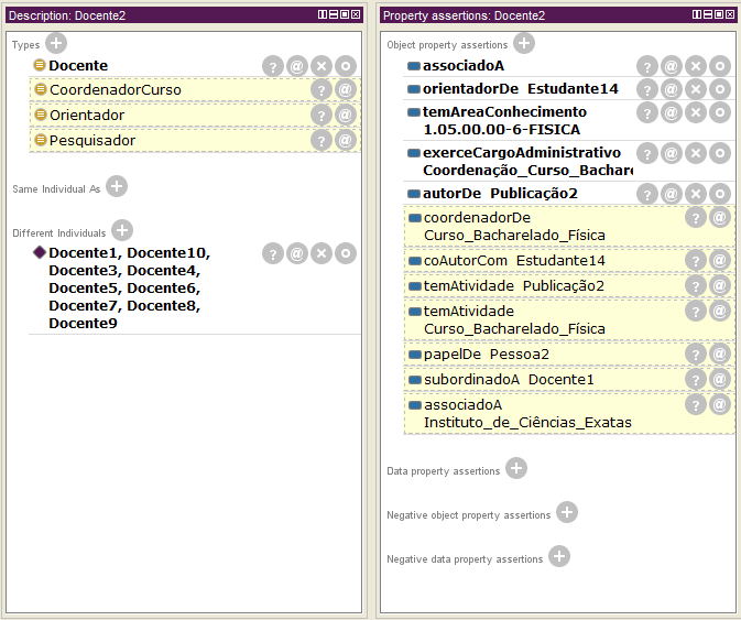75 A figura 34 mostra o resultado da inferência para o indivíduo Docente2, apresentando tanto os axiomas que foram estabelecidos a priori quanto aqueles que foram inferidos.