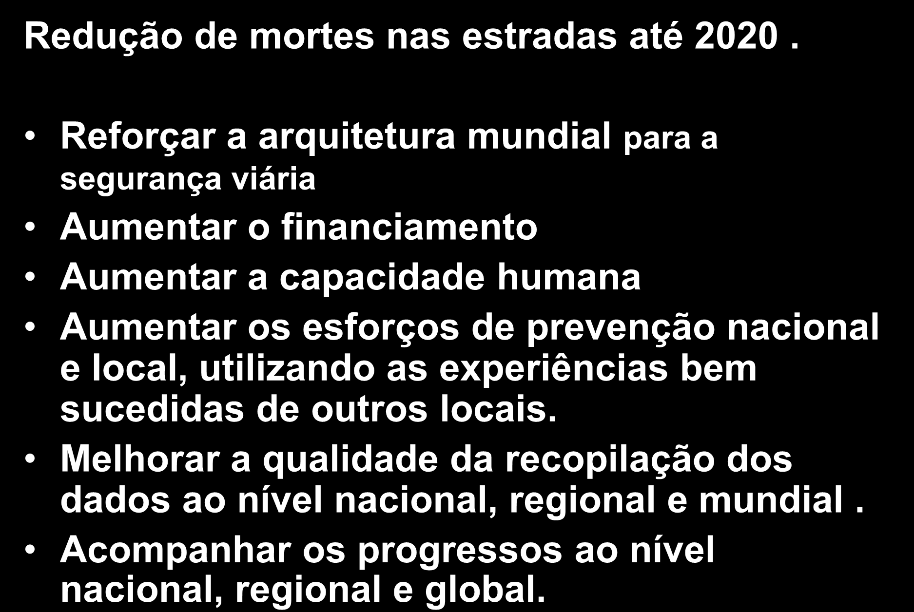 Objetivos Especificos Redução de mortes nas estradas até 2020.