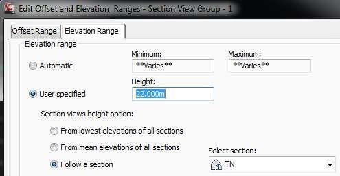 As abas Offset Range e Elevation Range permitem configurar as larguras e alturas para todo o grupo de seções transversais do desenho, onde podemos utilizar alguns valores aproximados sugeridos: