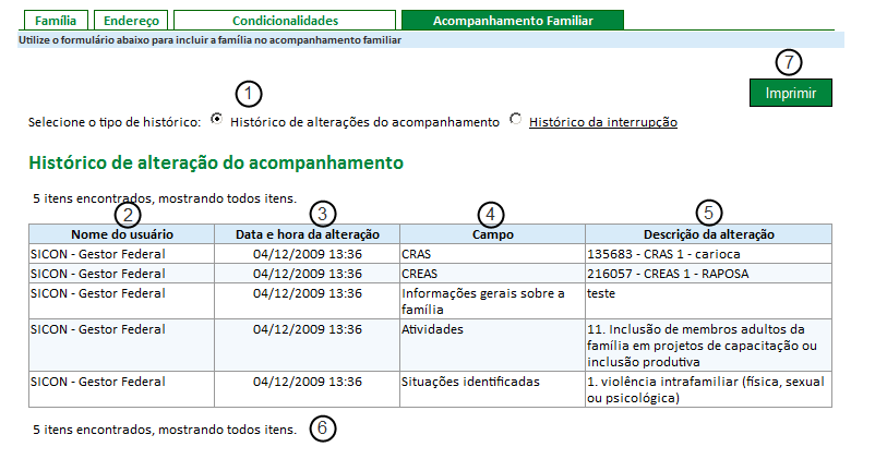 66 Figura 54 - Detalhamento da tela de consulta ao histórico do acompanhamento familiar Descrição da tela de histórico de acompanhamento : 1.