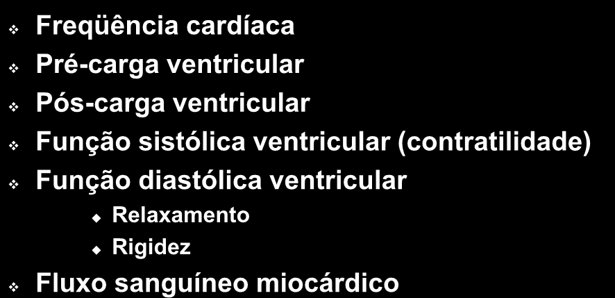 Determinantes do débito cardíaco Freqüência cardíaca Pré-carga ventricular Pós-carga ventricular Função