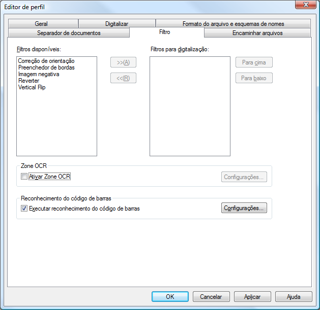 Formato do arquivo Tipo da imagem Tamanho do papel Resoluç ão 3. Selecione a guia [Filtro] e marque a caixa de seleção [Executar reconhecimento do código de barras].