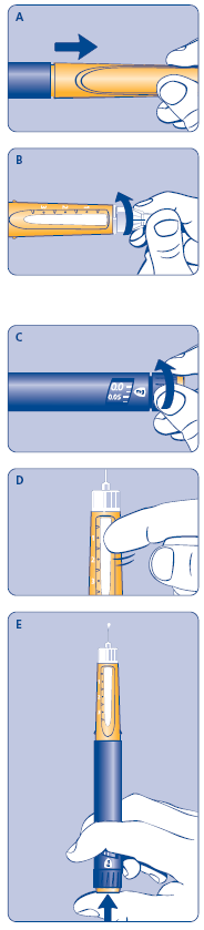1. Preparando Norditropin NordiFlex 5 mg/1,5 ml para injeção A. Retire a tampa da caneta B. Remova o selo protetor da agulha. Rosqueie a agulha firmemente no Norditropin NordiFlex.