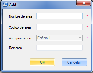 Adicionar área Clique [Departamento / Área] - [Área] - [Mostrar como árvore] - [Adicionar] ou clique em [Departamento / Área] - [Área] - [Adicionar] Para mostrar a interface para adicionar: Os campos