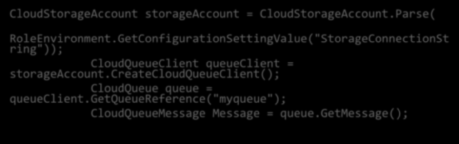 Obter uma mensagem CloudStorageAccount storageaccount = CloudStorageAccount.Parse( RoleEnvironment.