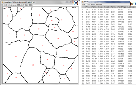 63 Figura 14 (a) à (f) imagens com contorno segmentado e grãos identificados numericamente (a ) à (f ) planilha com valores das frações volumétricas