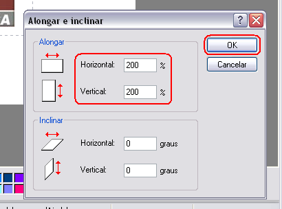 Agora, no grupo Alongar, informe a mesma taxa em porcentagem para os campos [Horizontal] e [Vertical]. Observação: 100 é o tamanho original da imagem.