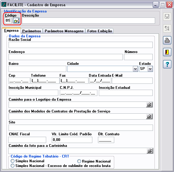 Figura 35 FACILITE Comércio / Cadastro de Empresas: Informando código da empresa Serão exibidos os dados da empresa.