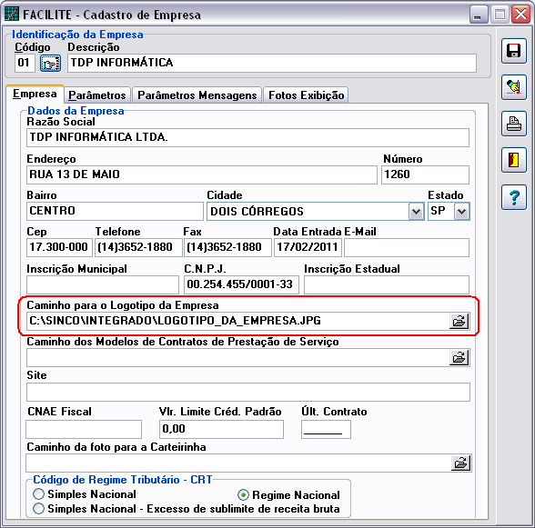 Figura 36 FACILITE / Cadastro de Empresas: Informando caminho da imagem que será exibida nos relatórios Por