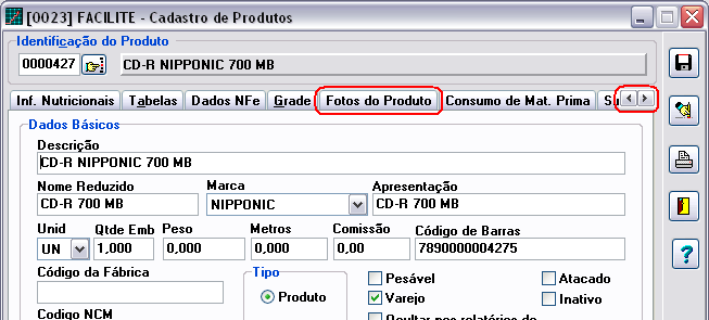 Figura 53 FACILITE: Acessando o cadastro de produtos Utilizando os botões, localize a paleta {Fotos do Produto}.