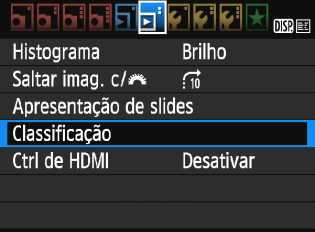 3 Definir Classificações Pode classificar imagens (fotografias e filmes) com um dos cinco símbolos de classificação: l/m/n/o/p. Esta função designa-se por classificação. 1 Selecione [Classificação].