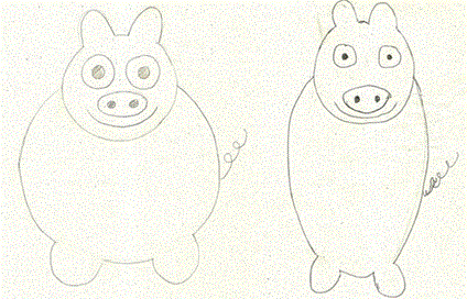 Figura 4 Desenhos de porcos felizes (primeira rodada) Na última rodada cada grupo elaborou uma folha de operações padrão descrevendo uma sequência linear do processo de desenhar o porco feliz padrão.