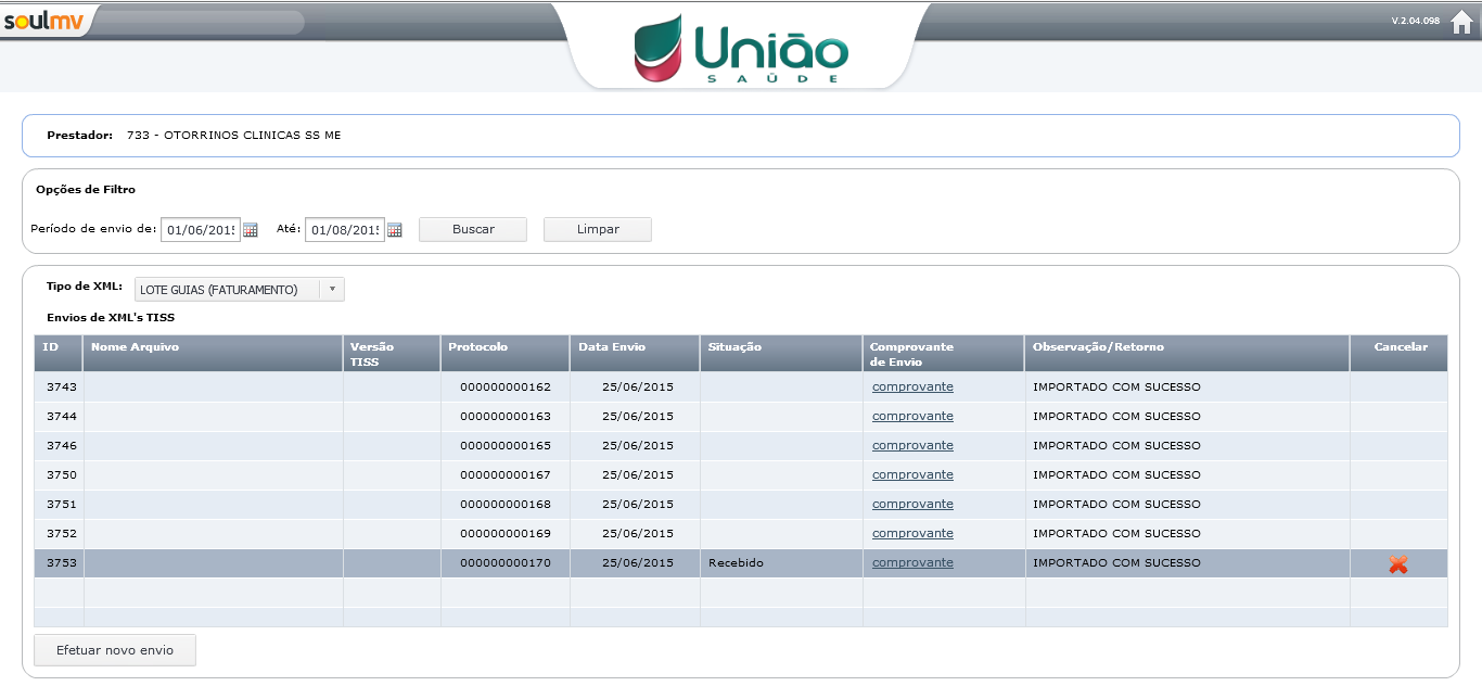 Depois de informar os dados será apresentada a tela abaixo, aonde será possível consultar os arquivos XML enviados e sua situação referente a Lote Guias (faturamento) e Recurso de Glosa.