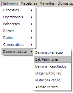 10.8.1. Imprimindo o Balanço Patrimonial: Para imprimir o Balanço Patrimonial, deve executar a rotina: relatórios + demonstrativos + bal.