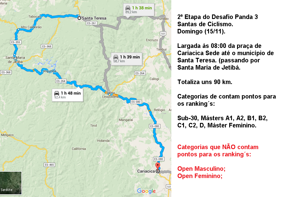 Percurso da 2ª etapa (Domingo dia 15/11) do Desafio Panda 3 Santas de Ciclismo Máster e Sub-30 A pontuação para cada dia de prova será a seguinte: 1ª etapa (sábado 14/11) Colocação Pontos Colocação