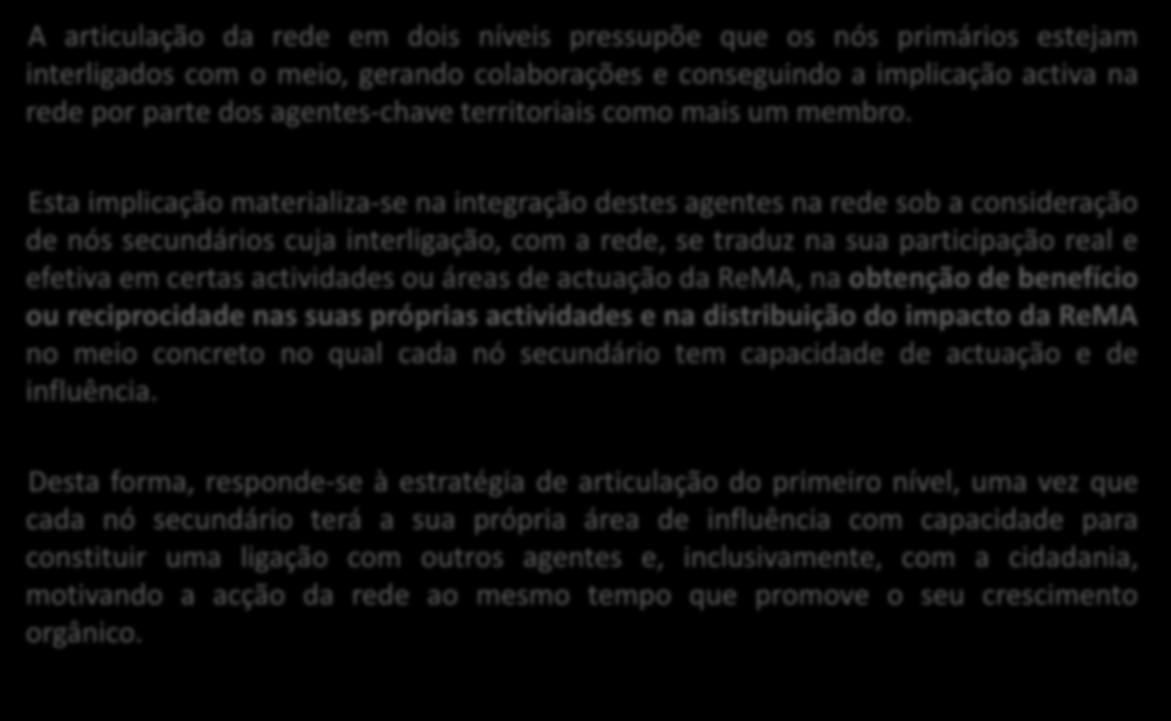 A articulação da rede em dois níveis pressupõe que os nós primários estejam interligados com o meio, gerando colaborações e conseguindo a implicação activa na rede por parte dos agentes-chave